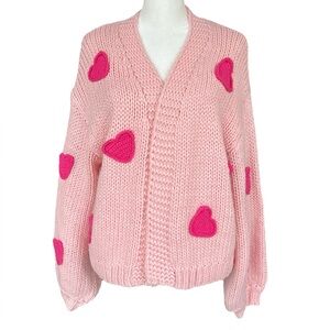 Tullabee Heart Knit Bubblen Sleeve Cardigan Pink/Red M
